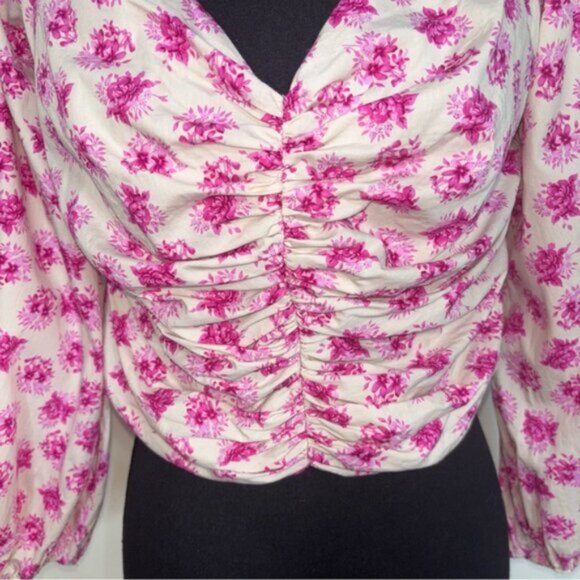 Zara Floral Pink Cream Ruched Women's XL Top On/Off Shoulder Zip Long Sleeve - Picture 5 of 10